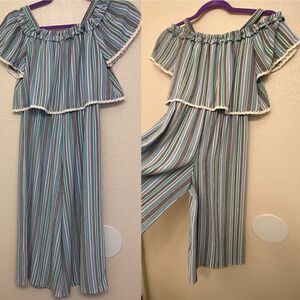 Girl blue tropes wide leg jumper romper one piece jumpsuit off the shoulder L